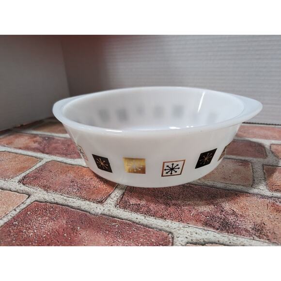 VTG MCM Inland Glass 8.5" Casserole Dish Atomic Snowflake Black Gold No Lid - Picture 1 of 6